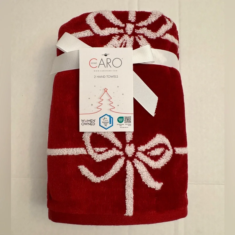 3pc CARO HOME Reversible Christmas Bows Bath Towel Set - 100% Cotton - Red/White